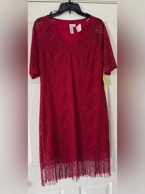 Red Crochet V-Neck Midi Dress with Fringe Fourth of July women’s medium NEW